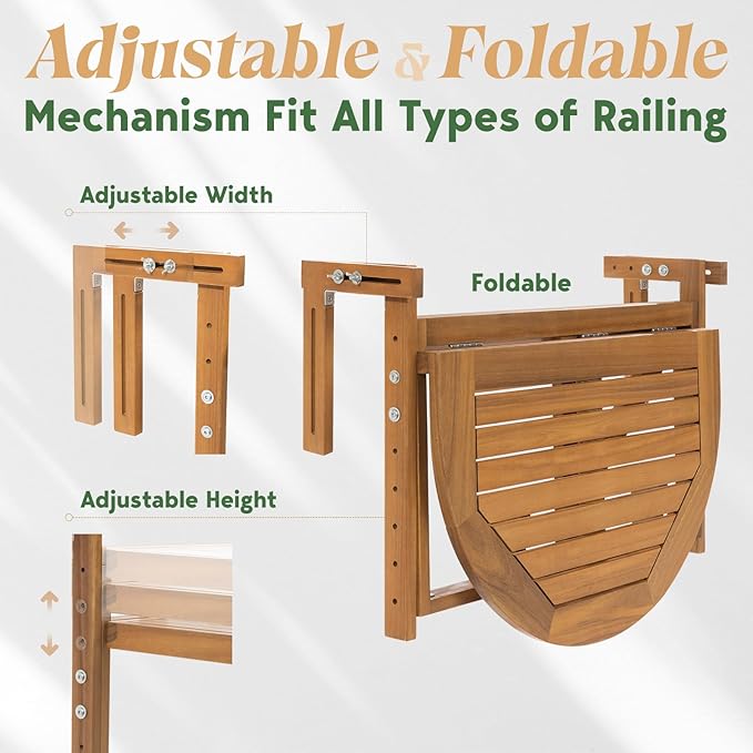 IDZO FSC Acacia Wood Folding Balcony Bar Table for Railings, Adjustable Height & Width, Teak Brush Finish Durable Against Weather, Ideal Spacious Dimension of 27 9/16 x 21 5/8 Inch, Half-Round Design