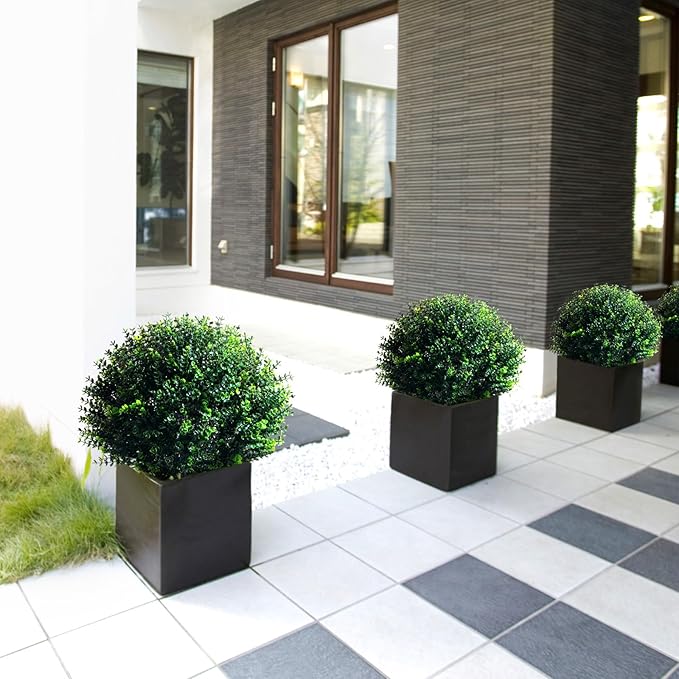 Yunlly 6 Pcs 18 Inch Artificial Boxwood Ball Topiary Tree Fake Outdoor Plants Bush, UV Resistance Faux Shrubs with Spike Realistic Greenery Potted for Indoor Garden Yard Porch Patio Decor (Dark Green)