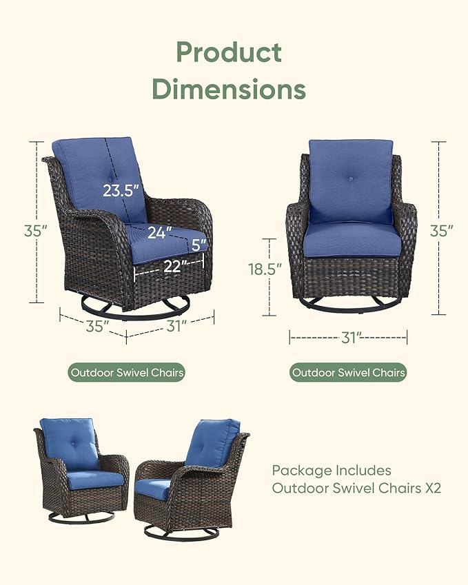 HUMMUH Outdoor Swivel Rocker Wicker Patio Chairs Set of 2, Rattan Rocking Chair Furniture Set(Brown,Blue)