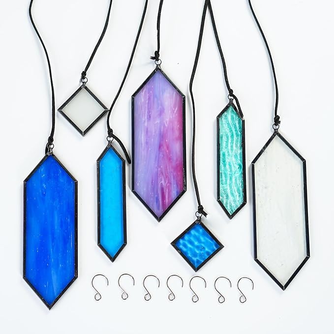 HDCRYSTALGIFTS Stained Glass Window Hanging Suncatchers - 7 Pieces Handcrafted Element Earth Tones Set,Modern Blue Wall Art Sun Catchers Indoor Window Glass Decor Gifts for Mom,Grandma