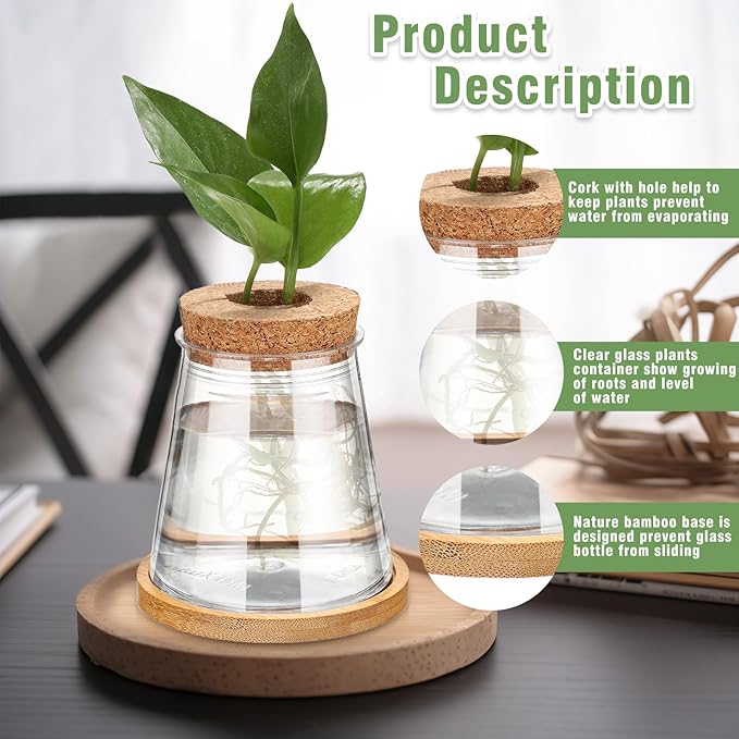 Baderke 12 Packs Plastic Desktop Vase with Hole Lid and Bamboo Stand Plant Propagation Stations Plant Growing in Water Hydroponic Home Office Table Decoration (Fresh Style)