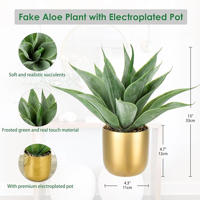 Large Faux Agave Plant 13" Artificial Aloe Vera Plants Fake Succulent Plants in Pot Realistic Agave Plant Artificial Potted Plants for Home Living Room Table Office Desk Bathroom Indoor Decor(Gold)