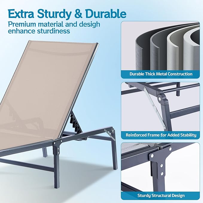 Outdoor Chaise Lounge Chair, Foldable & Assemble-Free, 6 Adjustable Positions, Durable Rust-Resistant Frame, Portable Outdoor Pool Lounge Chairs for Pool Patio Beach, Khaki