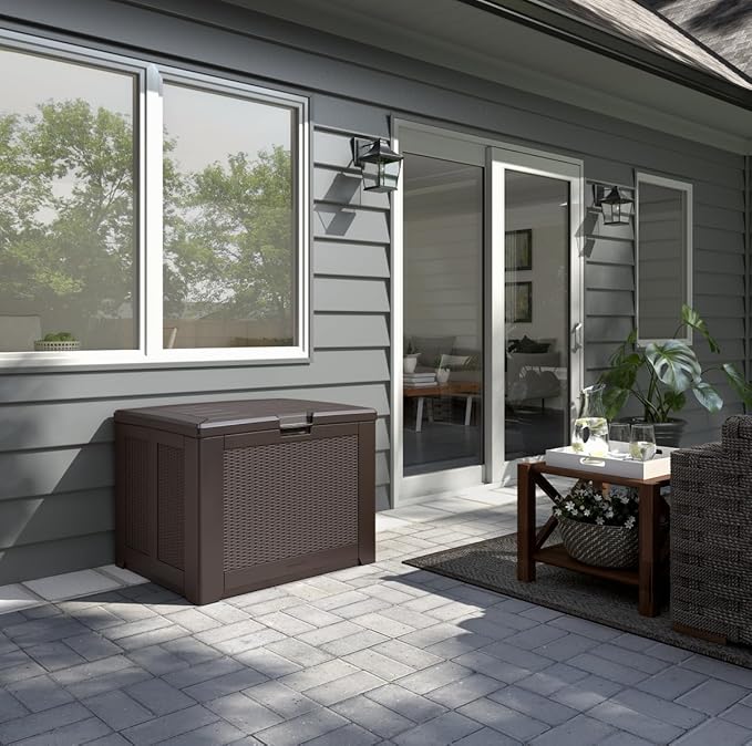 Rubbermaid Medium Resin Outdoor Storage Deck Box (74 Gal) Weather Resistant Brown Deck Organization for Home/Backyard/Pool Chemicals/Toys/Garden Tools/Porch/Patio Cushions