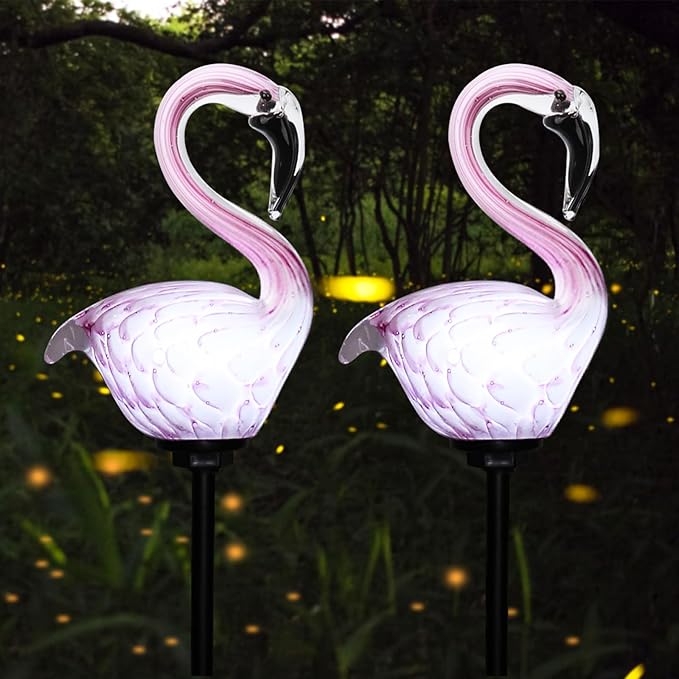 Afirst Solar Outdoor Lights Decorative - Solar Garden Stake Lights Flamingo Handblown Glass Garden Stakes Garden Pathway Lights Outdoor Waterproof Glass Stakes 4" W 2 Pack