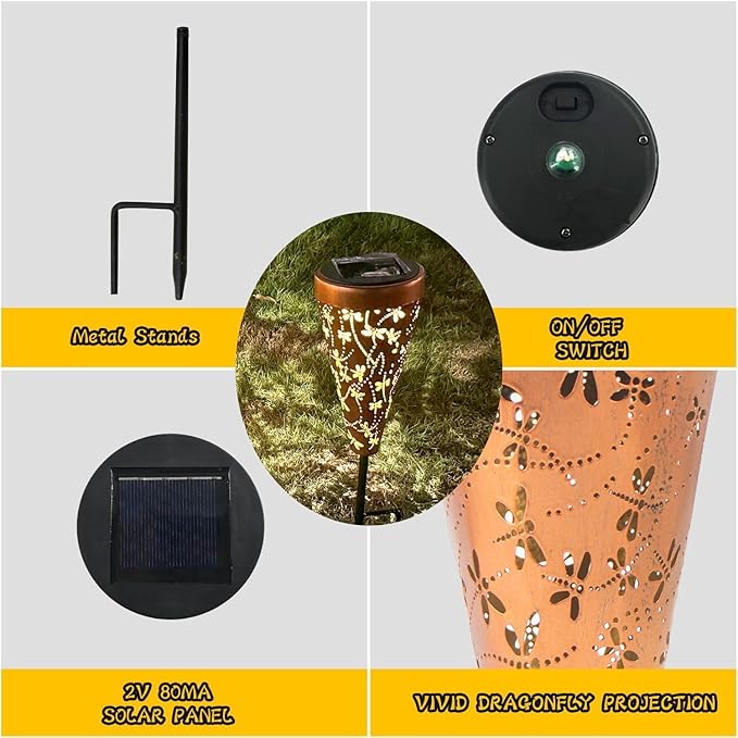 4 Pack Dragonfly Solar Garden Pathway Lights Outdoor,Metal Garden Decorations Outdoor Lights with Patterns and Warm Light,Waterproof Landscape Lighting for Path Patio Backyard Yard