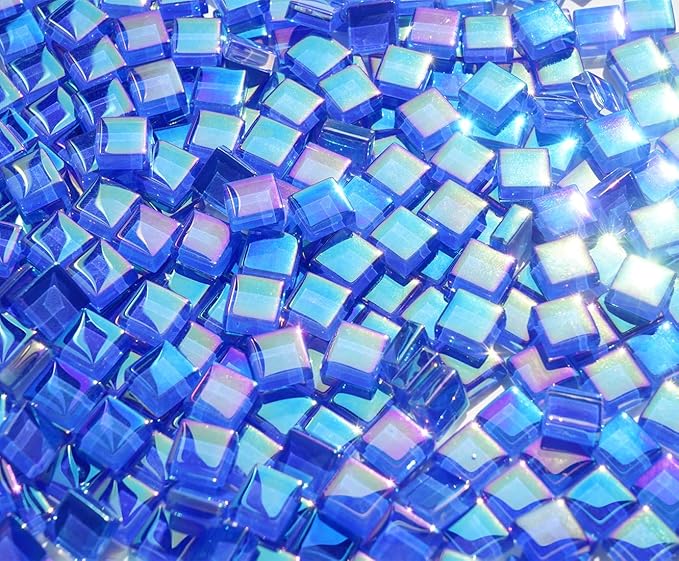 Iridescent Royal Blue Tiles for Mosaic Crafts, 300G Iridized Crystal Stained Glass Pieces for Mosaic, 1x1 cm Square Glass Tiles Great for Mosaic Art Supplies, Mosaic Tiles Home Decoration