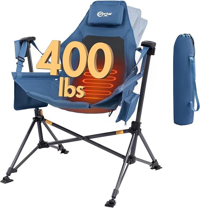 Portal Heated Hammock Camping Chair, Portable Outdoor Swinging Chairs, Rocking Chair for Adults with Adjustable Back and Height for Lawn Backyard Patio, Supports 400 lbs, Blue