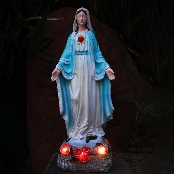 Solar Outdoor Garden Lights Religious Series-Virgin Mary Statue,Blessed Virgin Mary Mother Figure with Solar Flower Ligths,Home/Garden Decor, Religious Gift to Women/Mom(11.81" H)