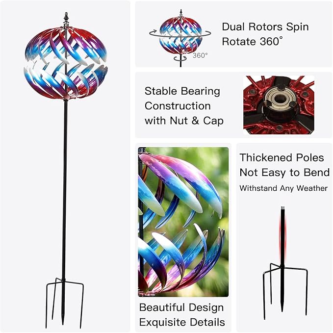 Yard Garden Wind Spinners - Large Outdoor Metal Wind Spinners Sculptures, Yard Art Lawn Garden Decor (19" W x 84" H)