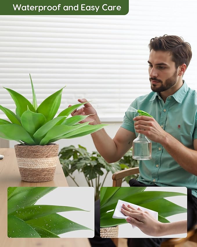 Velener Fake Agave with Rattan Pot, Artificial Plant Outdoor Agave - Fake Sucuulents Plants for Indoor and Outdoor Decor(15 Inch)