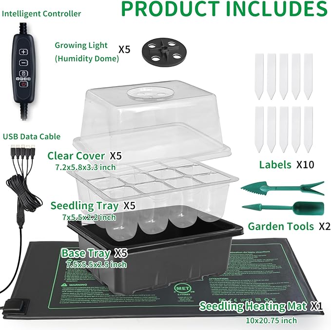 NAMOTEK 5 Pack Seed Starter Tray with Heat Mat and Grow Light Humidity Domes, 60 Cell Trays Germination Station Cloning Kit
