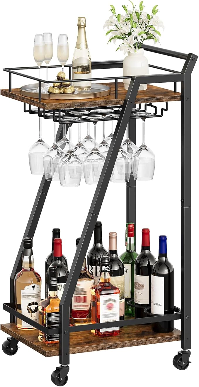 HOOBRO Bar Cart, Home Bar Serving Cart, Kitchen Cart, Rolling Beverage Cart & Wine Rack and Glass Holder 2 Storage Shelves, Cocktail Cart for Home Dining Party, Rustic Brown and Black BF27TC01