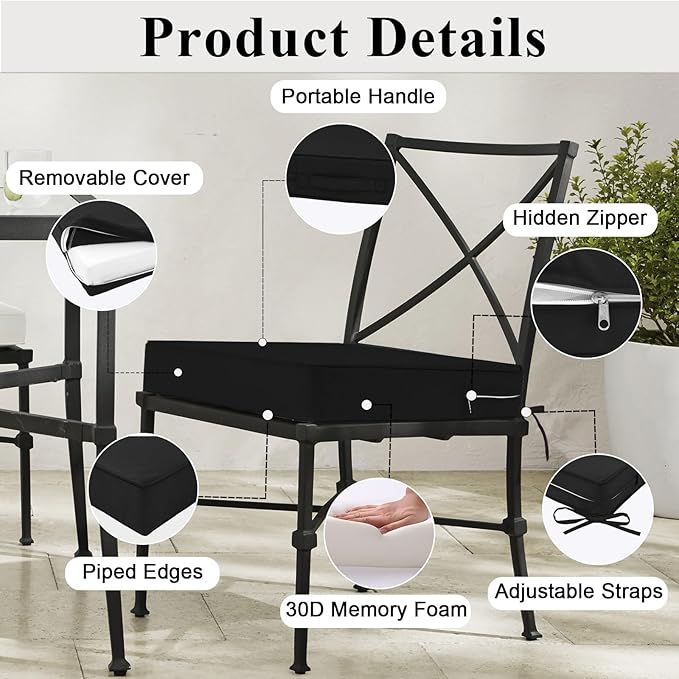 Outdoor Chair Cushions Set of 2 for Patio Furniture 19x19x4 Inch Waterproof Patio Chair Cushion 3 Year Color Fastness Square Elastic Foam Garden Couch Pads with Ties and Handle,Black