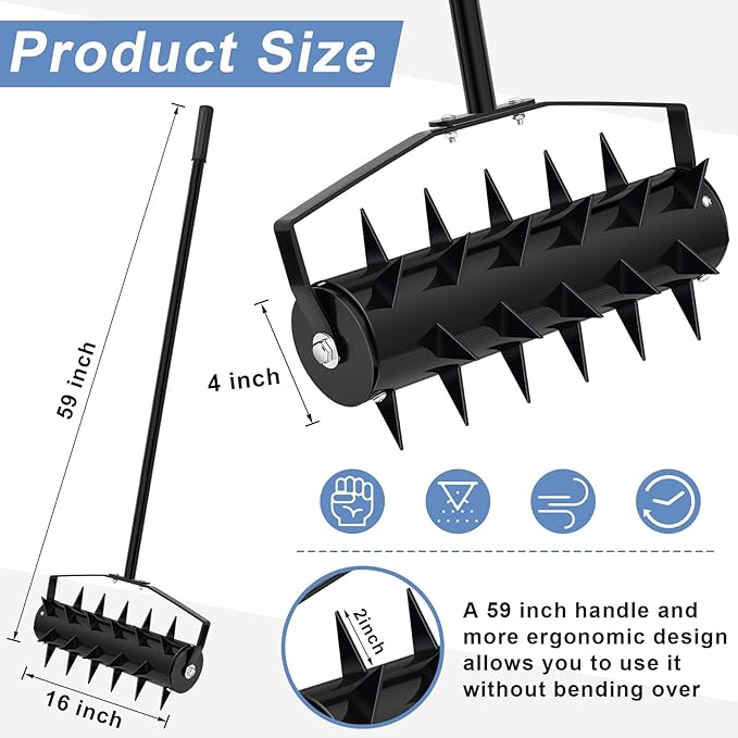 Lasnten Lawn Aerator Tool 16" Manual Rolling Yard Aerator Grass Roller Heavy Duty with 59" Stainless Steel Handle, Gloves, Spike Garden Rotary Push for Backyard Yard