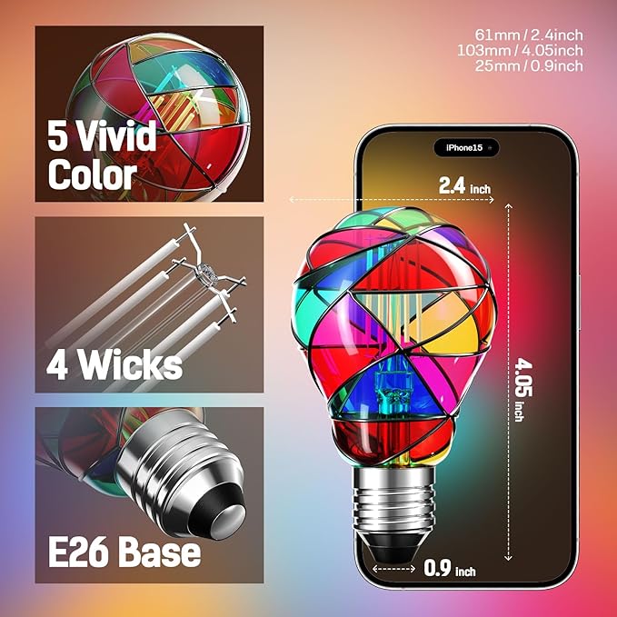 Hompavo Upgraded Dimmable LED Stained Glass Light Bulb, Hand-Painted Colorful E26 A19/A60 3.5W, for Party, Halloween, Christmas, Home, Room, Garden, Balcony Decoration, 2 Pack