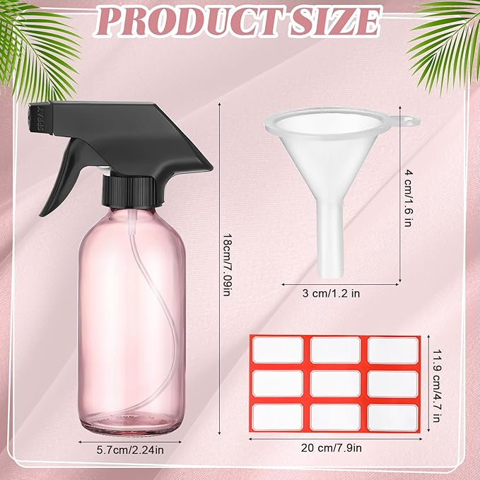Norme 12 Pcs 8 oz Glass Spray Bottles with Funnels and Labels Refillable Cosmetic Empty Spray Bottles with Sprayer Containers for Essential Oil Cleaning Solutions(Pink,Classic)