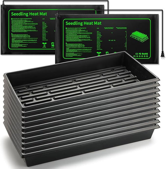 Seed Starter Kit - 10 Pack 1020 Seed Trays with 2 Seedling Heat Mats for Plants (10"x20.5"), Complete Seed Germination Kit for Indoor Gardening, Greenhouse Accessories