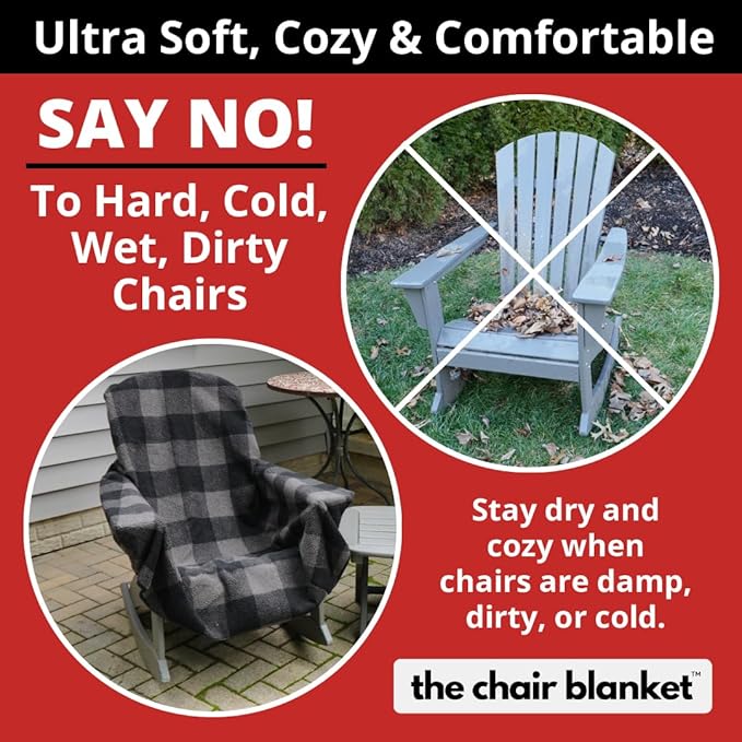 CITYBONFIRES The Chair Blanket – Reversible, Waterproof & Sherpa-Lined - Stretchable Elastic Back - Original Patio Chair Cover – Ideal for Homes and Outdoor Furniture- with Carry Pouch – Grey Plaid
