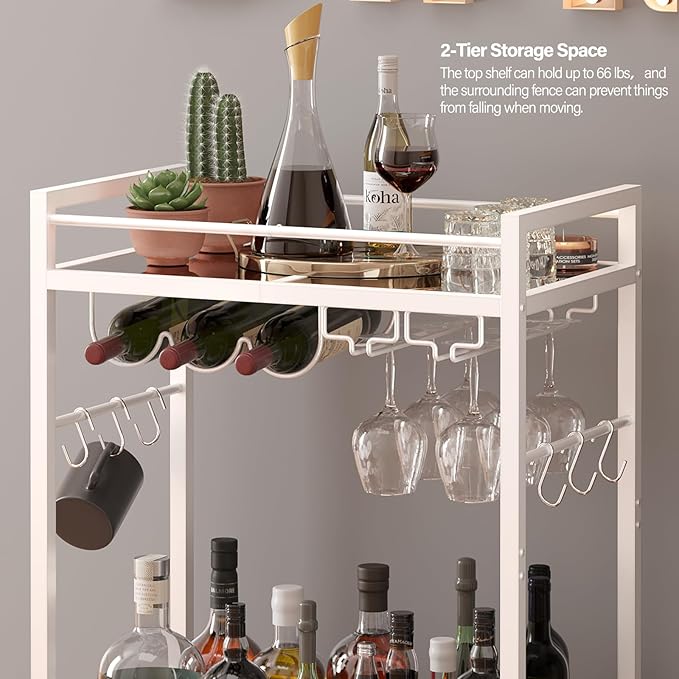 TUTOTAK Bar Cart, Serving Cart for Home, Microwave Cart, Drink Cart, Mobile Kitchen Shelf with Wine Rack and Glass Holder, Rolling Beverage Cart, White BC01BW031