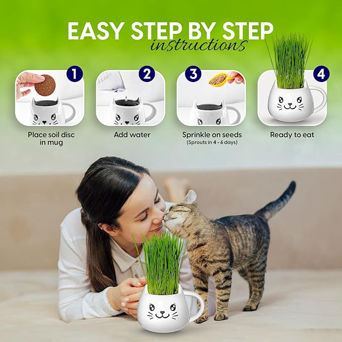 Organic Cat Grass Growing Kit - Promotes Natural Hairball Control and Digestive Wellness - Includes Organic Seed Mix, Nutrient-Rich Soil, and Stylish White Cat Planter