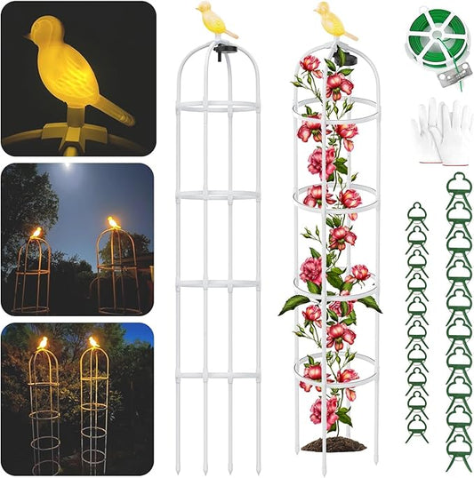 2 Pack Garden Obelisk Trellis with Solar Light, 6 Ft Trellis for Climbing Plants Outdoor Rose Bush Round Trellis for Pots, Rustproof PE Coated Metal Plant Support for Flowers Vine Indoor