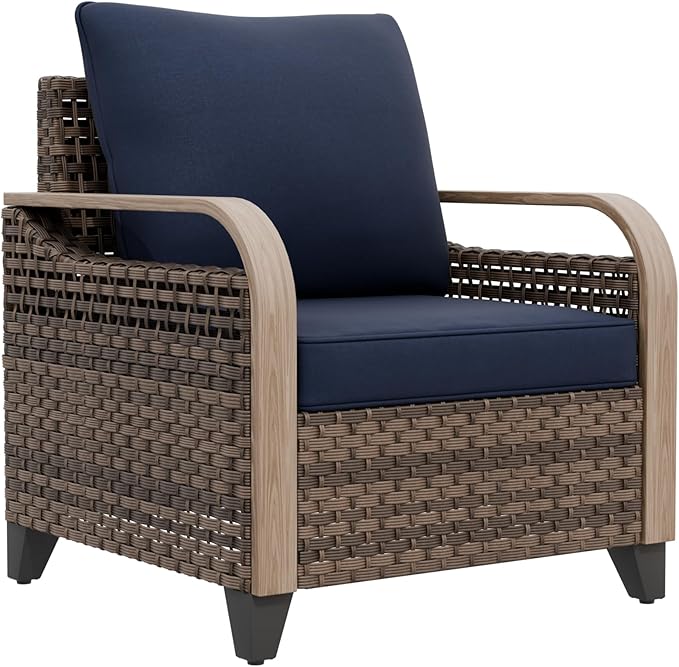 EAGLE PEAK Modern Wicker Outdoor Chair, Patio Chair Curved Armrest, Rattan Patio Furniture for Yard Deck Porch Garden, 1 Chair, Brown/Blue