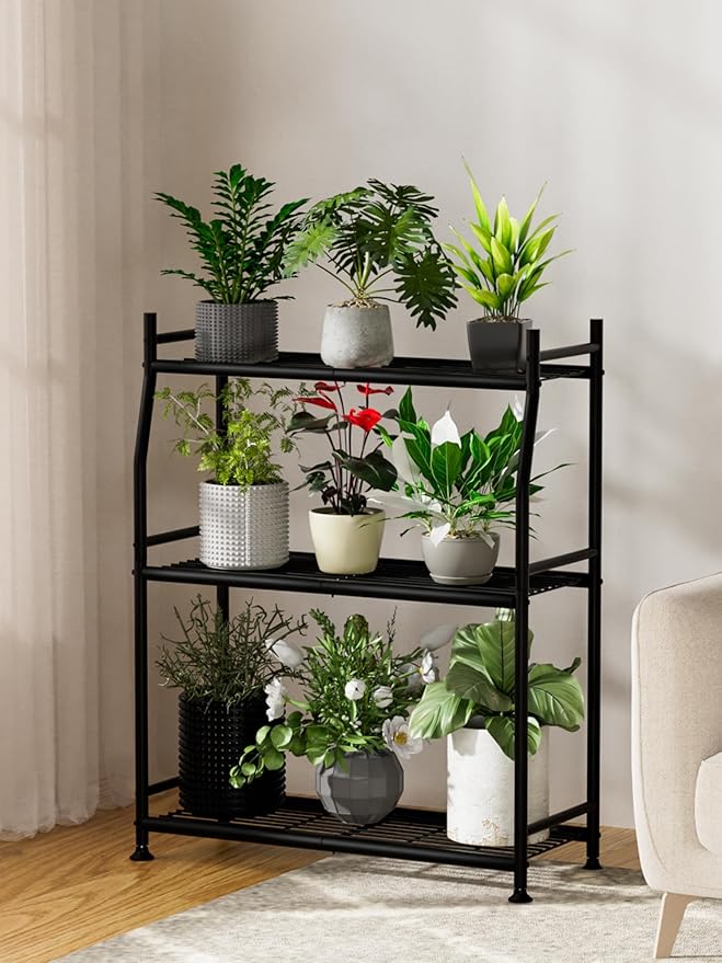 3-Tier Plant Stand Indoor Outdoor, Waterproof Metal Plant Shelf for Multiple Flower Planter Holder, Small Plant Stands for Patio Garden Living Room, Black