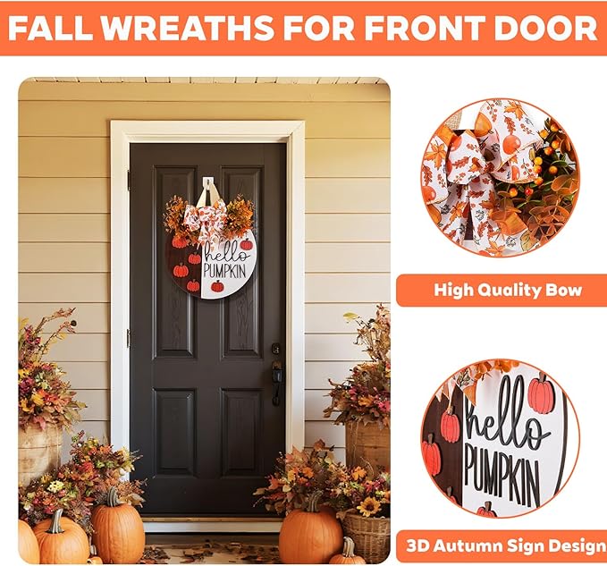 3D Hello Pumpkin Wooden Sign, Fall Outdoor Wreath for Front Door with Bow & Wreath | Fall Autumn Harvest Farmhouse Hanging Decor | Indoor Outdoor Porch, Wall, Home Decor