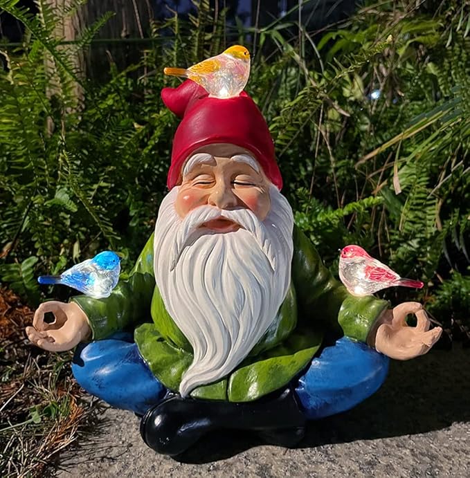 Solar Powered Gnome with Red Hat and 3 Birds Decorated Solar Light, Garden Decorations Statues, Garden Light Decor for Lawn Ornaments, Resin Garden Figurines (Gnome with 3 Birds)