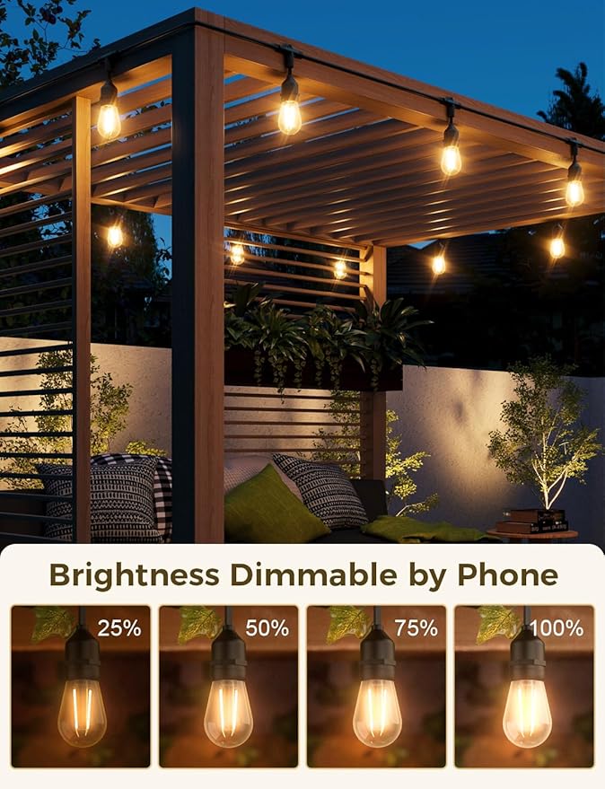 XMCOSY+ Smart Outdoor String Lights, 98Ft LED Patio Lights Waterproof IP65, App Control, Compatible with Alexa, Dimmable Edison Bulbs Outdoor Light for Yard Porch Bistro Outside