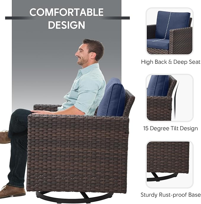 9 Piece Wicker Patio Furniture Set - Outdoor Swivel Rocker Chairs Set with Coffee Table, Rattan Chairs, 3 Seat Sofa & Ottomans, Patio Conversation Sets for Bcakyard Deck - Brown/Blue