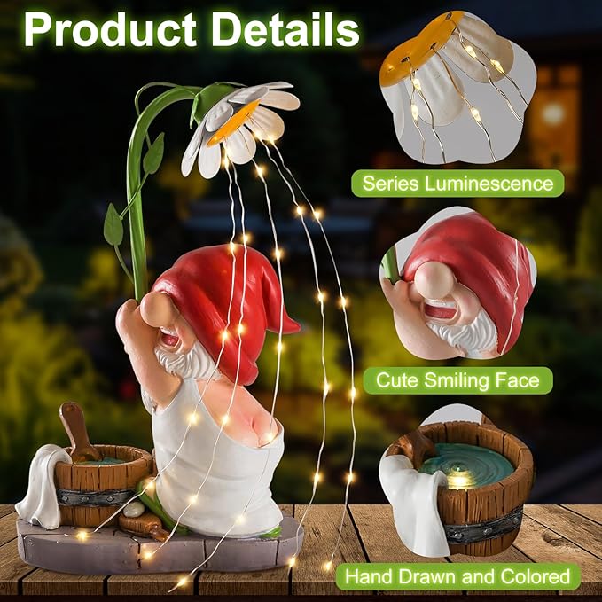 WINTS Garden Gnomes Outdoor Statue with Solar Lights,Bathing Large Funny Gnome Solar Garden Decorations for Lawn, Balcony, Yard,Patio Gnome Gifts for Mom
