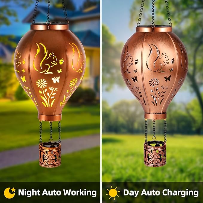 Squirrel Solar Lights Outdoor Waterproof Hot Air Balloon Metal Hanging LED Lantern Decoration Garden,Patio,Yard,Porch for Christmas Decor Gifts for Women Mom Friends