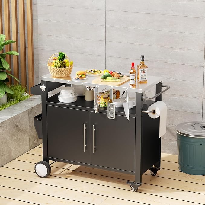 Outdoor Grill Cart with Patio Furniture, Outdoor Grill Table with Storage,Rolling Bar Cart Outdoor BBQ Cart with Hooks and Spice Rack for Grilling Accessories(Double Door, Black)