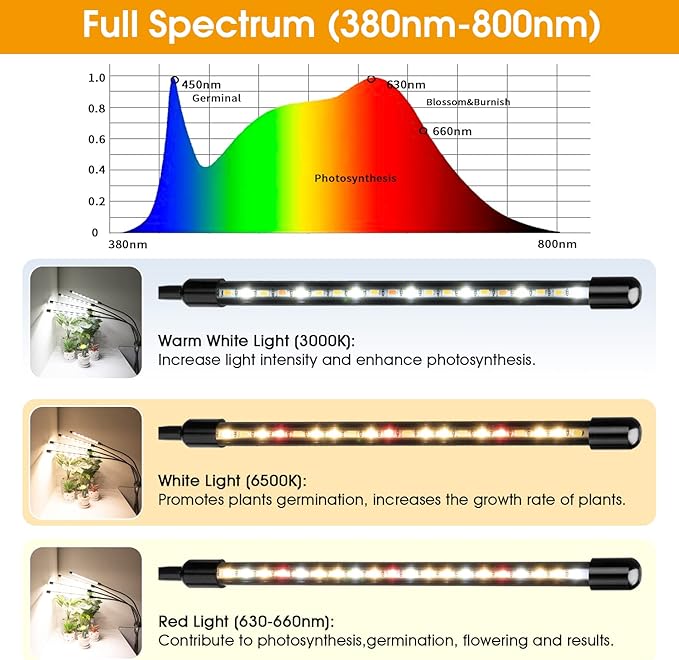 Wolezek Grow lights for Indoor Plants, 4-Head Full Spectrum LED Grow Light with Adjustable Tripod Stand 15-61 inches for Seed Starting, 3500K 6500K 660nm White Red Floor Plant Lamp with 6/12/16H Timer