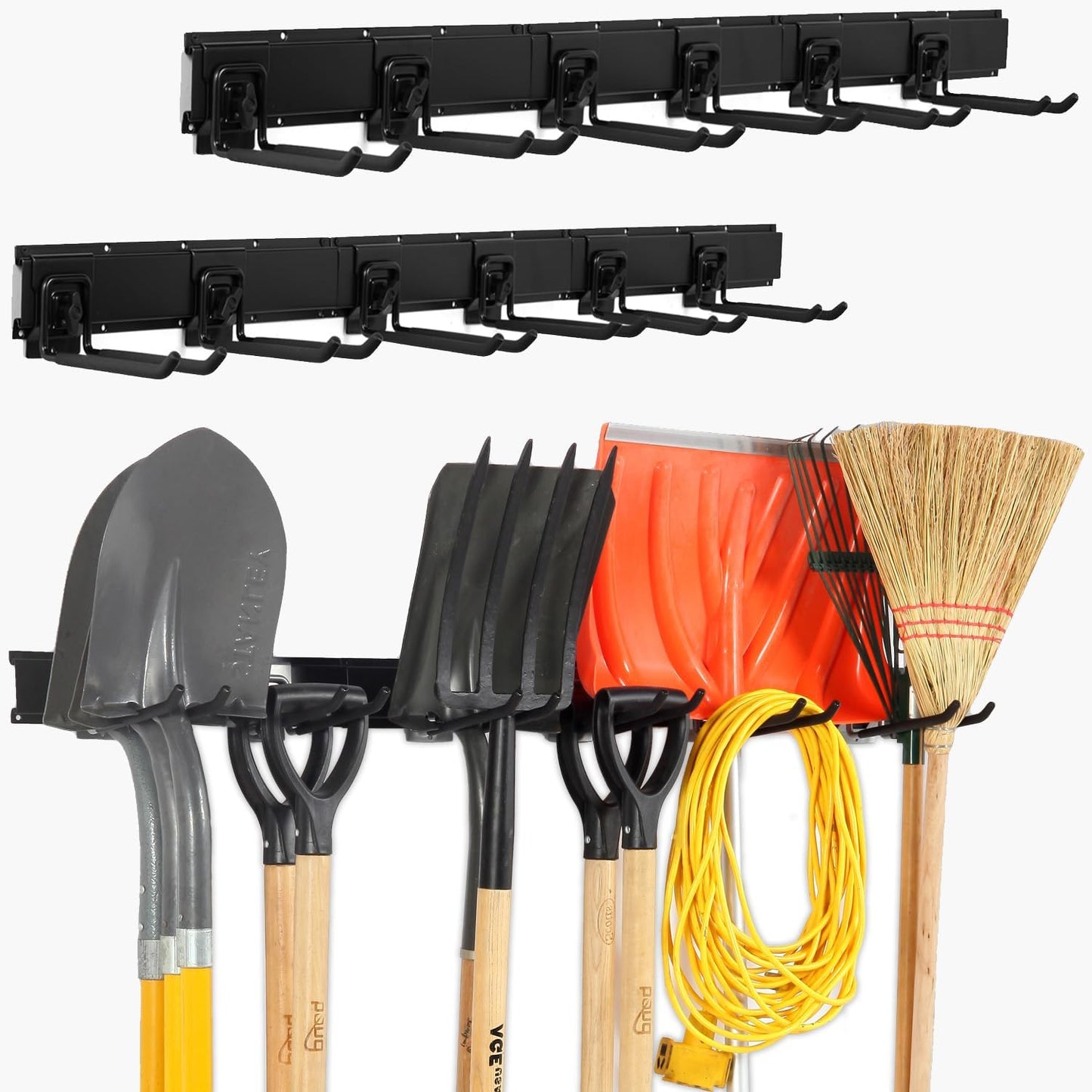 Locking Garden Tool Organizer, Garage Organization Wall Mount Storage Rack, Heavy Duty Metal Yard Tool Organizer, Adjustable Hanging Hooks, Hold Up to 420lbs (96Inch Black)