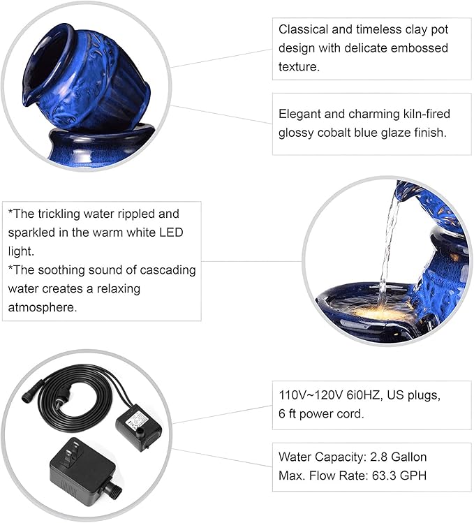 Glitzhome 27.25" H Outdoor Garden Water Fountain with LED Lights and Pump, 4 Tier Cobalt Blue Embossed Pattern Ceramic Pots Cascading Floor Standing Fountain for Porch Deck Patio Backyard Decoration