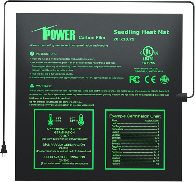 iPower 20” x 20.75” Seeding Heat Mat Upgraded Carbon Film Indoor Warm Hydroponic Plant Germination Starting Pad Durable Waterproof, 20" x 20.75", Black
