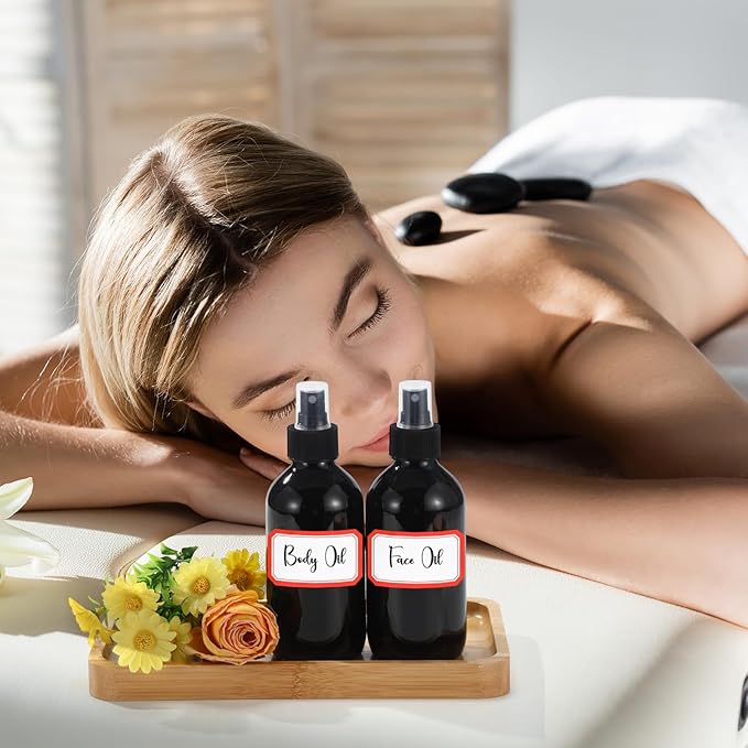 Norme 12 Pcs 8 oz Glass Spray Bottles with Funnels and Labels Refillable Cosmetic Empty Spray Bottles with Sprayer Containers for Essential Oil Cleaning Solutions(Black,Stylish)