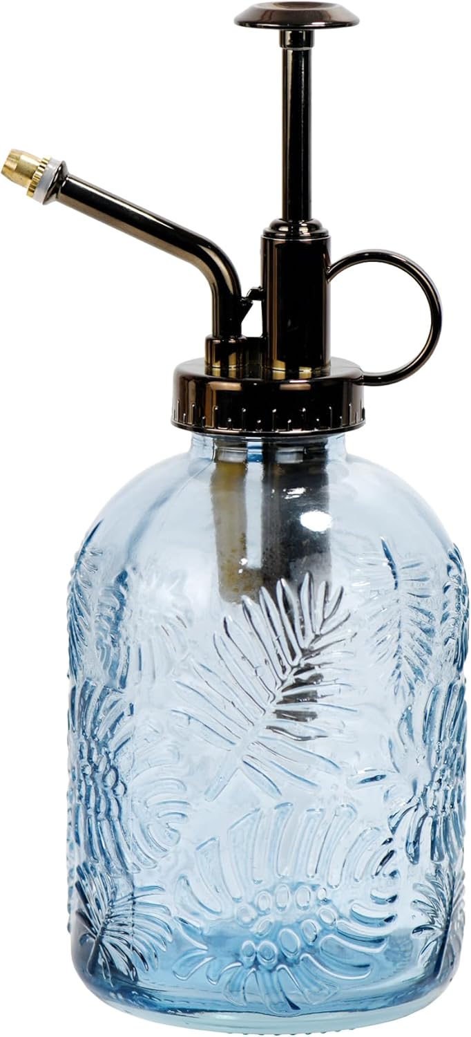 11.8 Ounce Glass Plant Spray Bottle, Glass Leaf Print One Handed Watering Can with Antique Brass Plastic One Handed Top Pump, 7.6 Inch Tall Indoor and Outdoor Plant Small Spray Bottle (Blue)