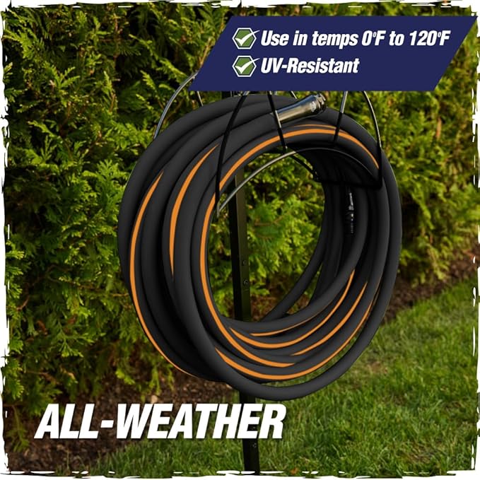 Rugged Rhino Heavy Duty Flexible Light Weight Garden Hose, 50ft x 5/8in, 4 Layer Leakproof Outdoor Gardening Tools, Watering Supplies, Powerful Water Pressure for Lawn, Flowers, Black Orange