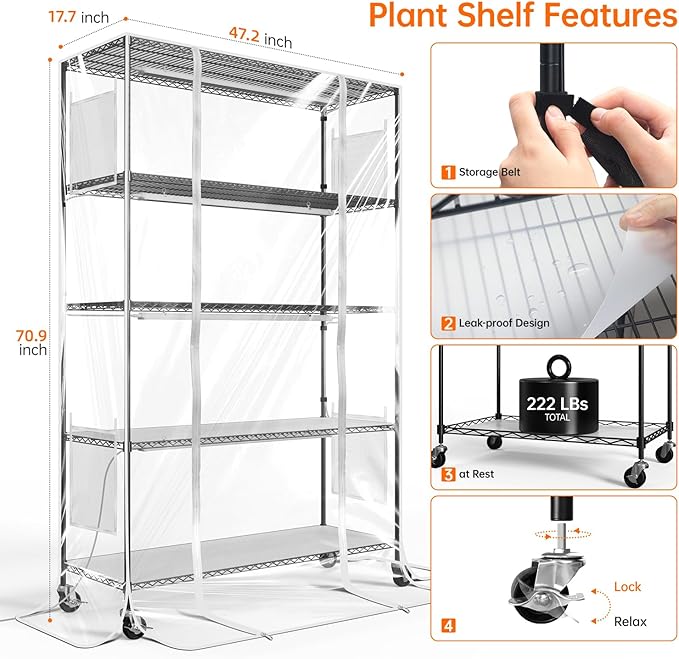 Indoor Greenhouse with Grow Light, Tall Plant Stand with 4 Pack Full Spectrum Plant Lights , 3 Color Modes, Plant Shelf with Tent for Indoor Plant, Seed Starting, Seed Tray, 47.2"x17.8"x70.9"