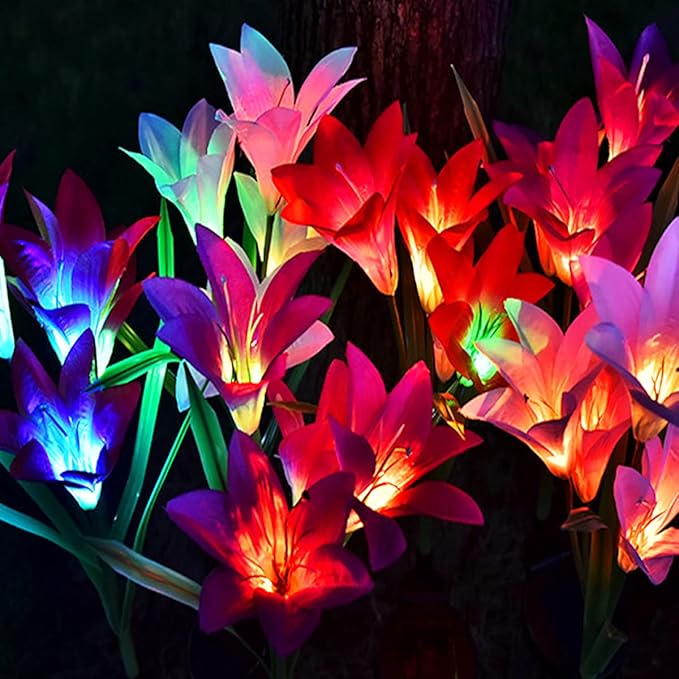 ZYLiWoo-Solar Flower Lights, 6 Pack Outdoor Lily Flower Lights, Multi Color Changing LED 24 Flowers Lily Flower Solar Garden Stakes Flower Lights， for Patio, Lawn, Garden, Yard Decoration