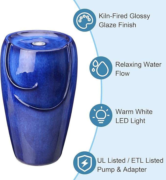 Glitzhome Ceramic Vase Outdoor Water Fountain Tall Patio Garden Water Fountain with LED Light and Submersible Pump Yard Art Decor, 20.5”H, Blue