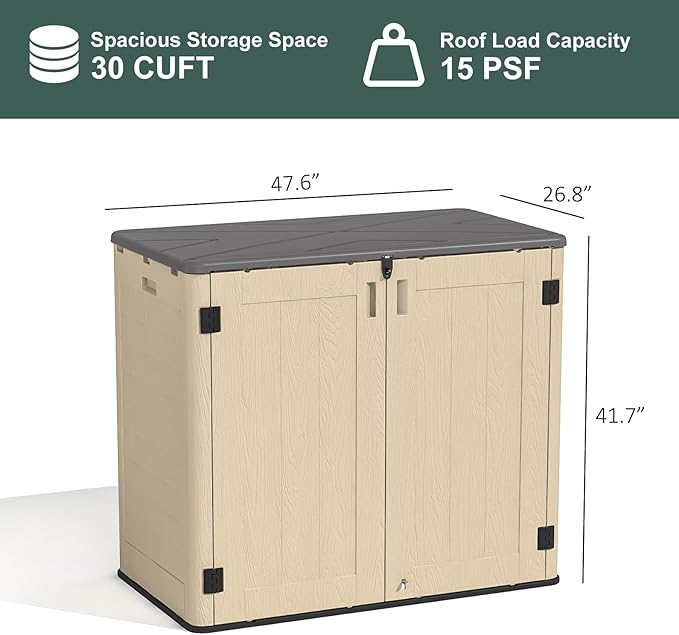 30 Cu.Ft Outdoor Storage Shed, Multi-Purpose Weather-Resistant Utility Shed for Garbage Cans, Lawn Mower, Garden Tools, Waterproof Resin Horizontal Cabinet with Pad-Lockable Doors (Khaki)