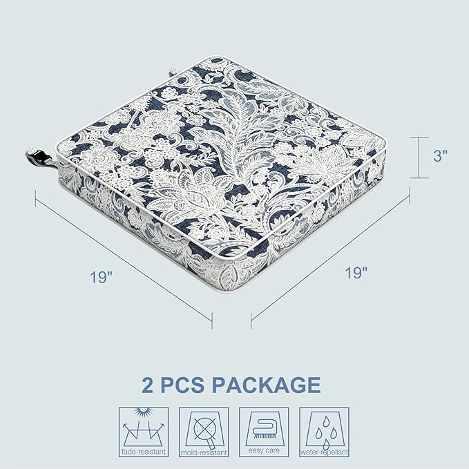 LVTXIII Patio Chair Cushions 19"x19"x3", Water-Repellent Outdoor Seat Cushions for Patio Furniture, Square Chair Pads with Ties for Home Garden Decoration, Set of 2, Damask Lapis