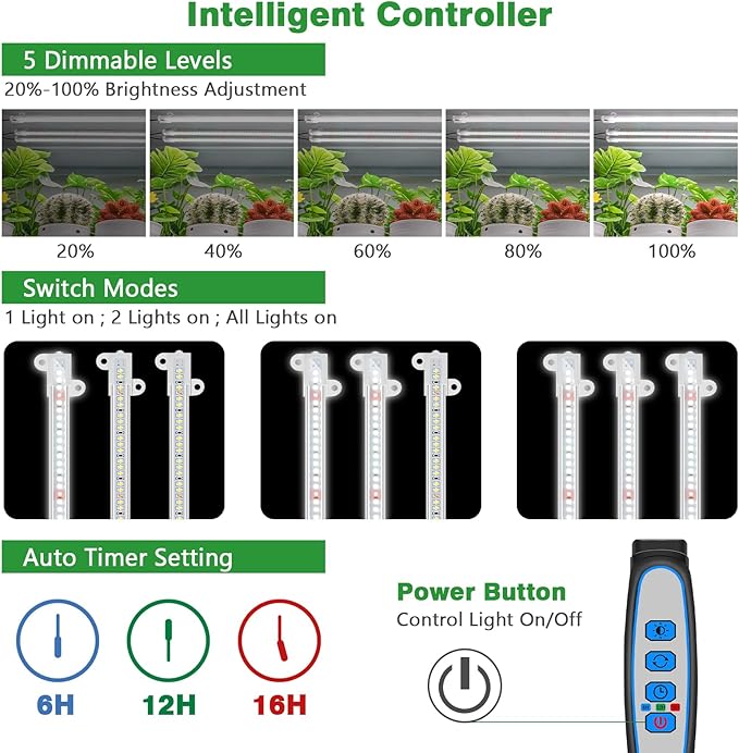 Wiaxulay Grow Lights for Indoor Plants, Full Spectrum 6000K LED Grow Light Strip Sunlike Growing Lamp with 6/12/16H Timer, 3 Switch Modes, 5 Dimmable Levels for Hydroponics Succulent Seedling, 2 Pack
