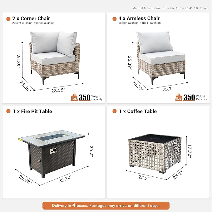 Outdoor Sectional Patio Furniture Set with Fire Pit Table and Glowing Table,8 Pieces Wicker Conversation Sets L Shaped Couch Out Door Sofa Set Outside Furniture for Garden Deck Yard,Grey