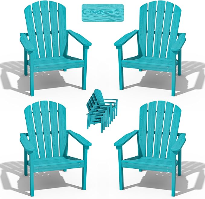 Stackable Adirondack Chair Set of 4, HDPE Outdoor Patio Chair - Durable and Space Saving, Suitable for Porches, Lawns or Garden, Aruba